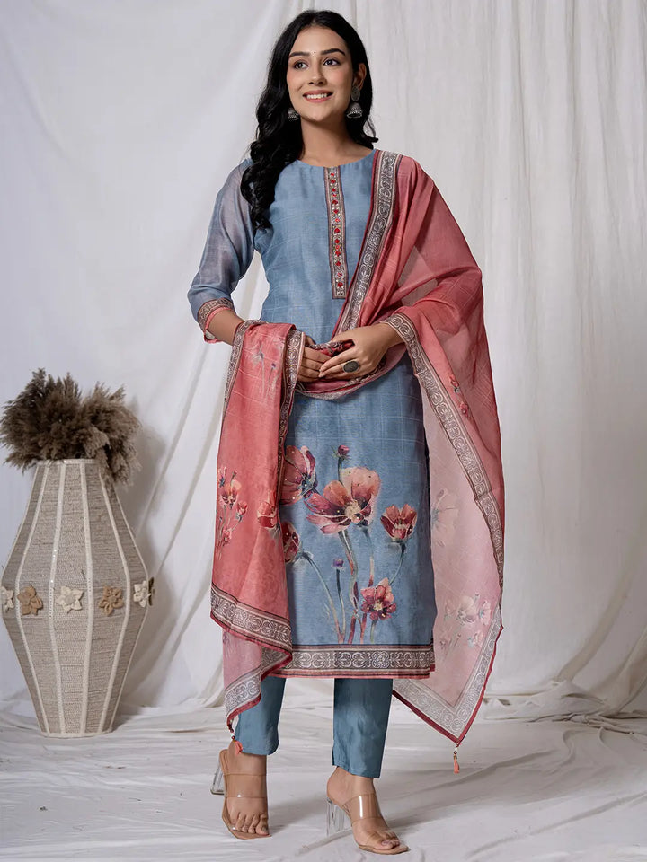 Chanderi Blue Kurta Dupatta Set-Yufta Store-7062SKDBLS