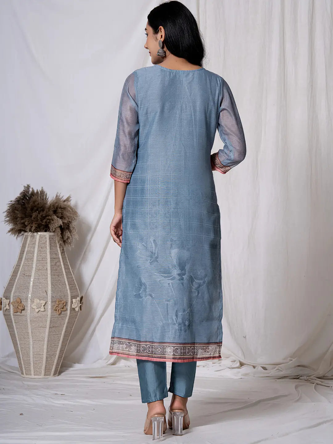 Chanderi Blue Kurta Dupatta Set-Yufta Store-7062SKDBLS