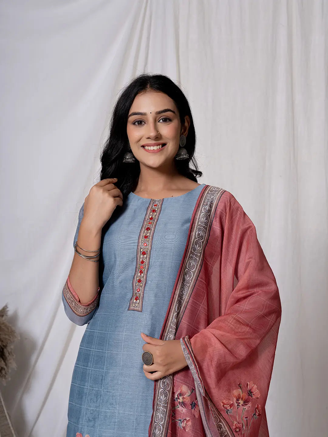 Chanderi Blue Kurta Dupatta Set-Yufta Store-7062SKDBLS