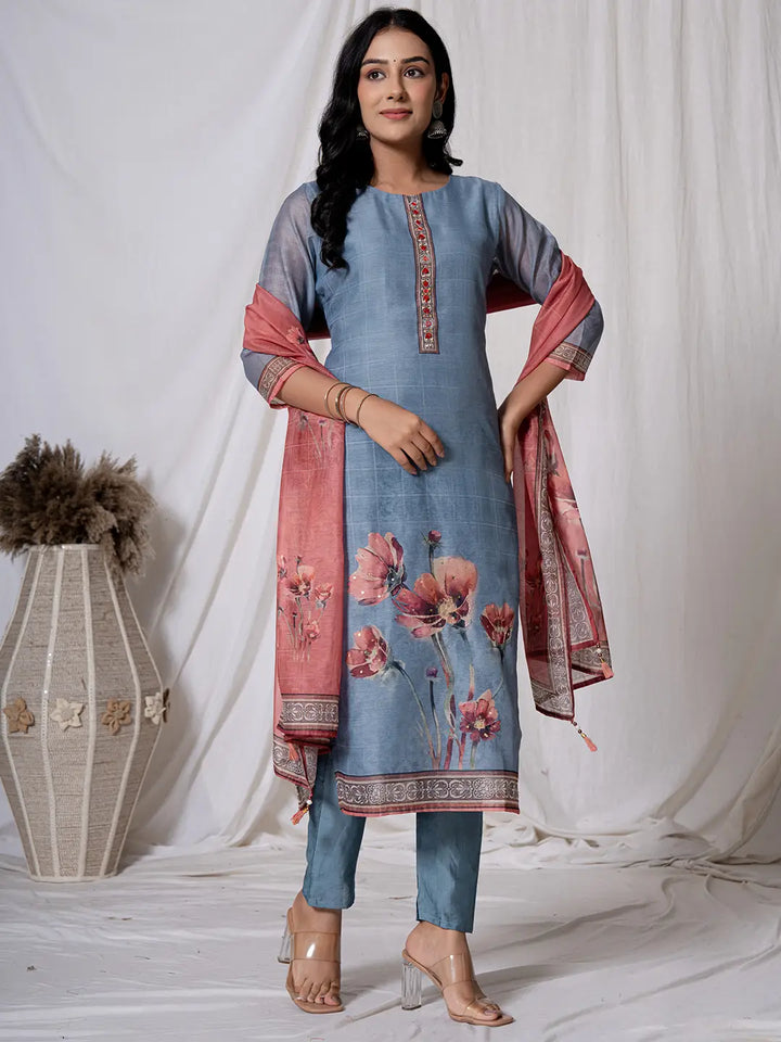 Chanderi Blue Kurta Dupatta Set-Yufta Store-7062SKDBLS