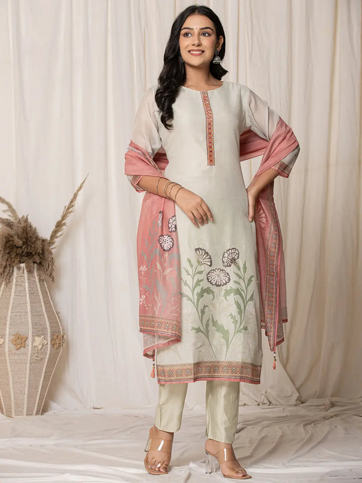 Chanderi Cream Kurta Dupatta Set-Yufta Store-7063SKDCRS