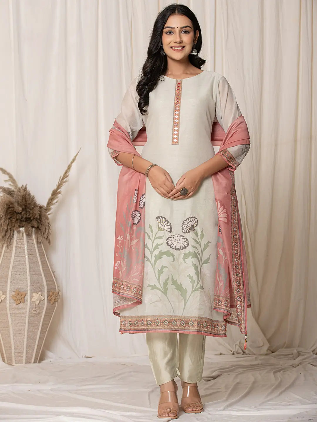 Chanderi Cream Kurta Dupatta Set-Yufta Store-7063SKDCRS