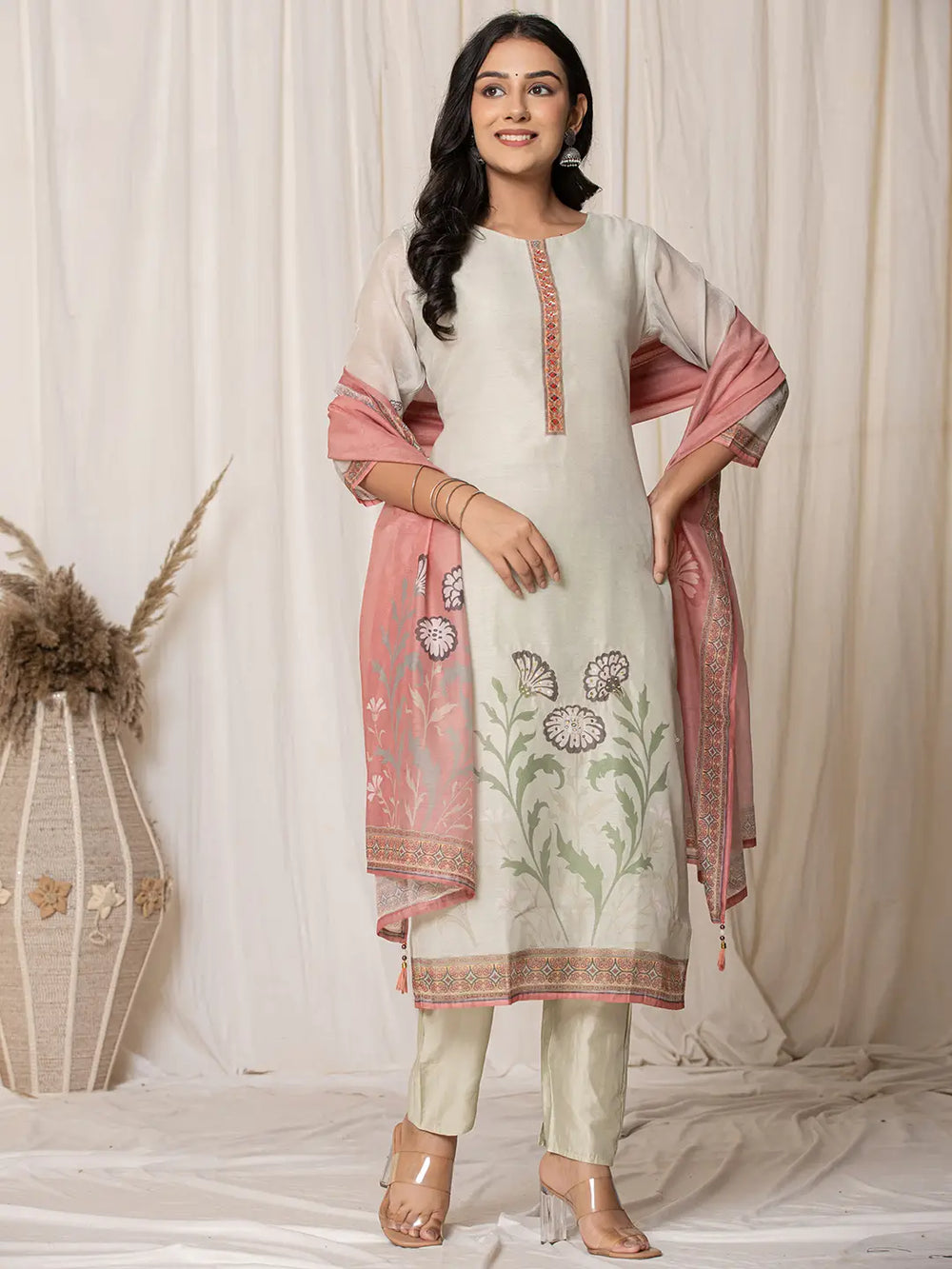 Chanderi Cream Kurta Dupatta Set-Yufta Store-7063SKDCRS