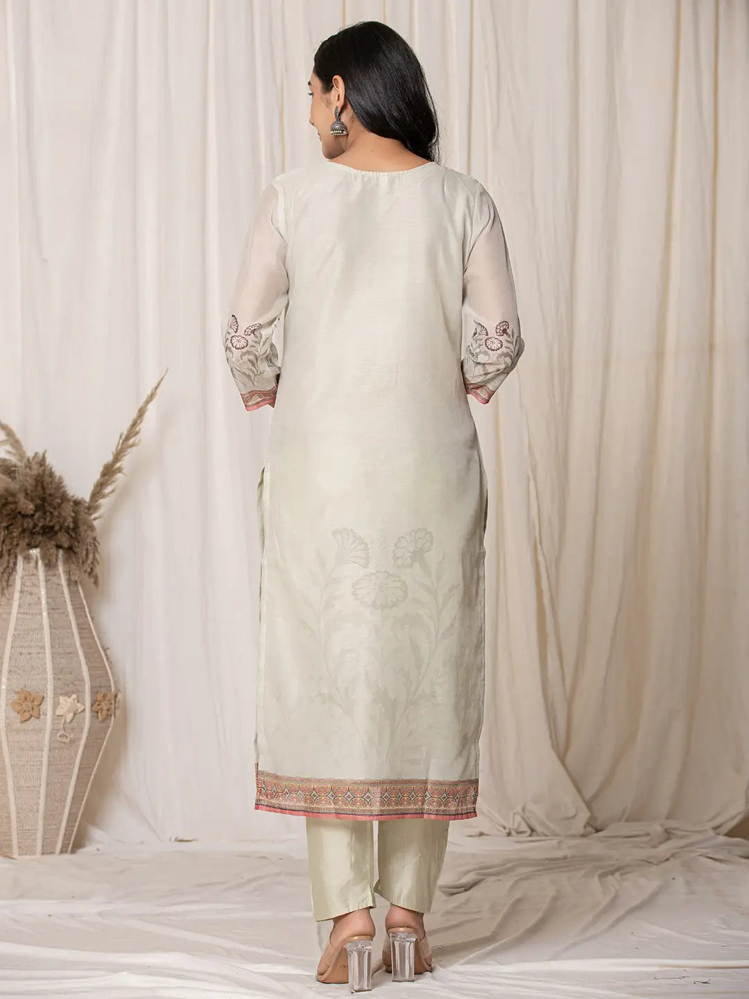 Chanderi Cream Kurta Dupatta Set-Yufta Store-7063SKDCRS