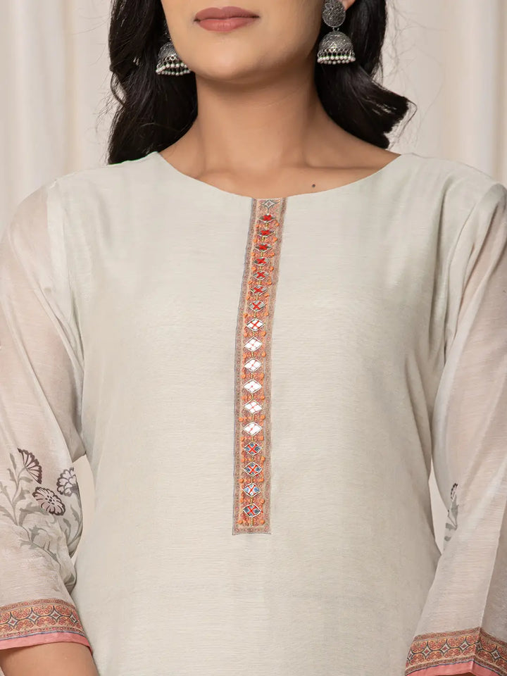 Chanderi Cream Kurta Dupatta Set-Yufta Store-7063SKDCRS