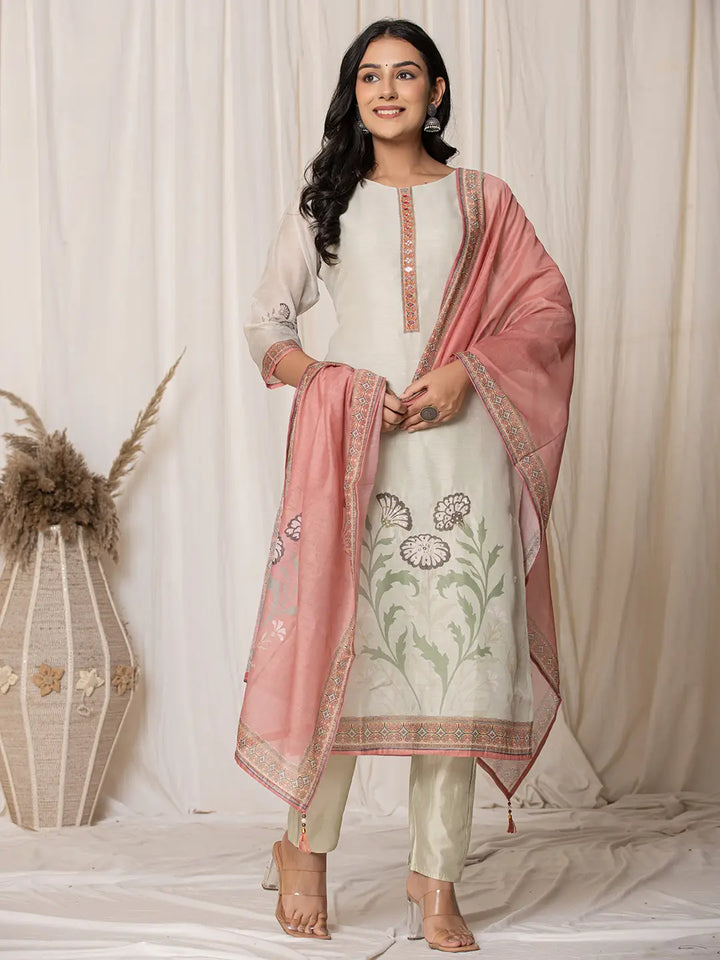 Chanderi Cream Kurta Dupatta Set-Yufta Store-7063SKDCRS