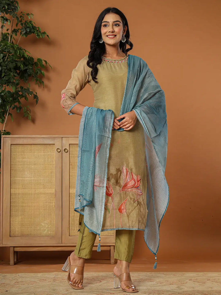 Chanderi Green Kurta Dupatta Set-Yufta Store-7060SKDGRS