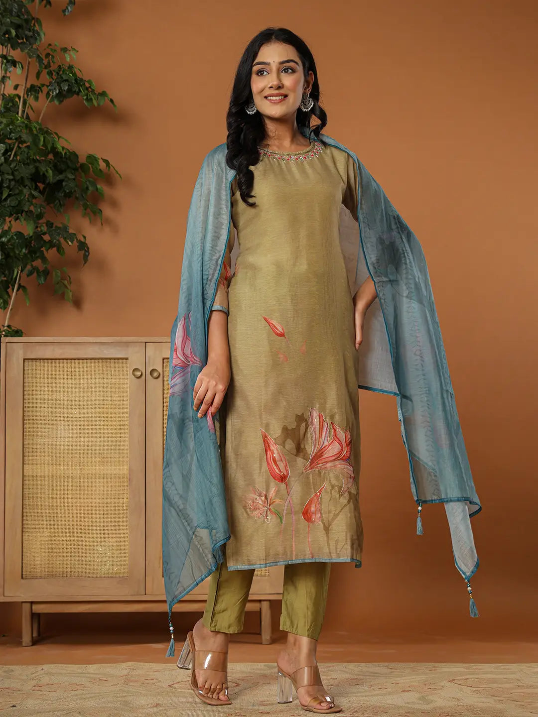 Chanderi Green Kurta Dupatta Set-Yufta Store-7060SKDGRS