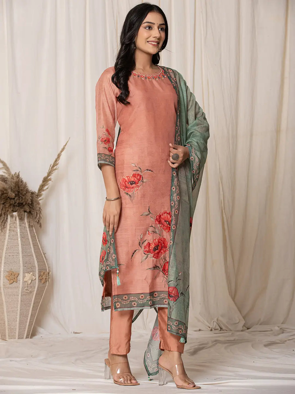 Chanderi Rust Kurta Dupatta Set-Yufta Store-7061SKDRTS