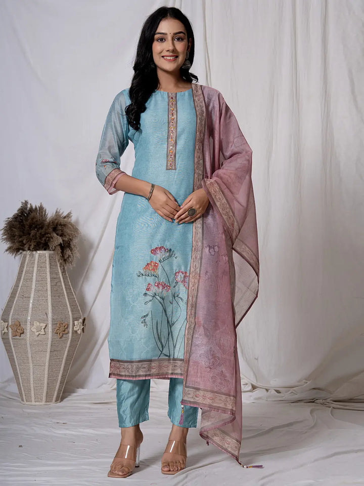 Chanderi Sky Blue Kurta Dupatta Set-Yufta Store-7059SKDSBS