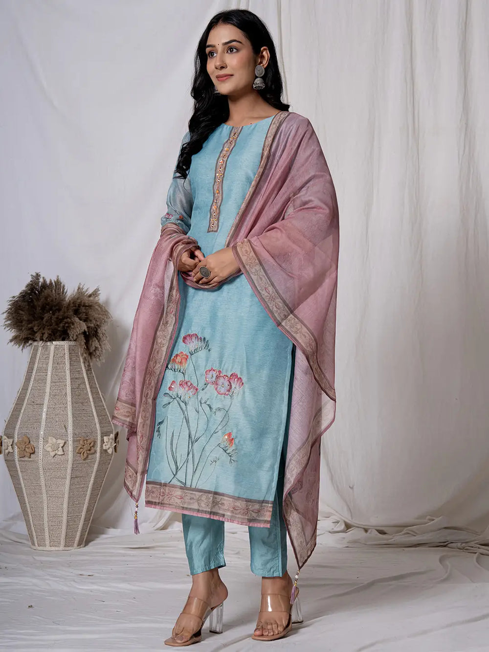 Chanderi Sky Blue Kurta Dupatta Set-Yufta Store-7059SKDSBS