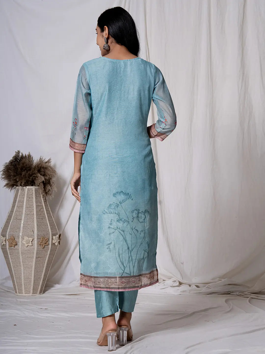 Chanderi Sky Blue Kurta Dupatta Set-Yufta Store-7059SKDSBS