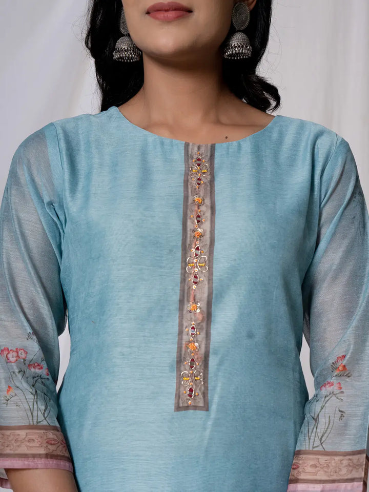 Chanderi Sky Blue Kurta Dupatta Set-Yufta Store-7059SKDSBS