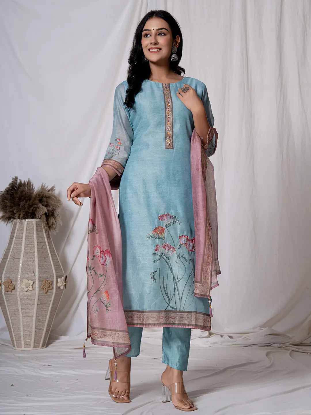 Chanderi Sky Blue Kurta Dupatta Set-Yufta Store-7059SKDSBS