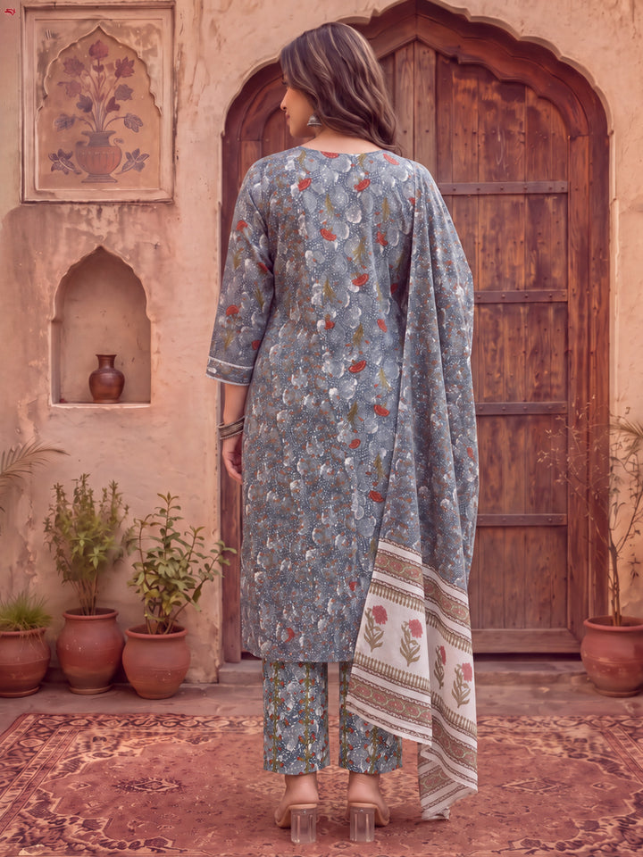 Grey Cotton Straight Kurta Dupatta Pant Set