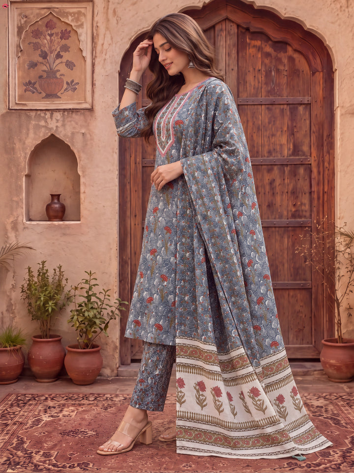 Grey Cotton Straight Kurta Dupatta Pant Set