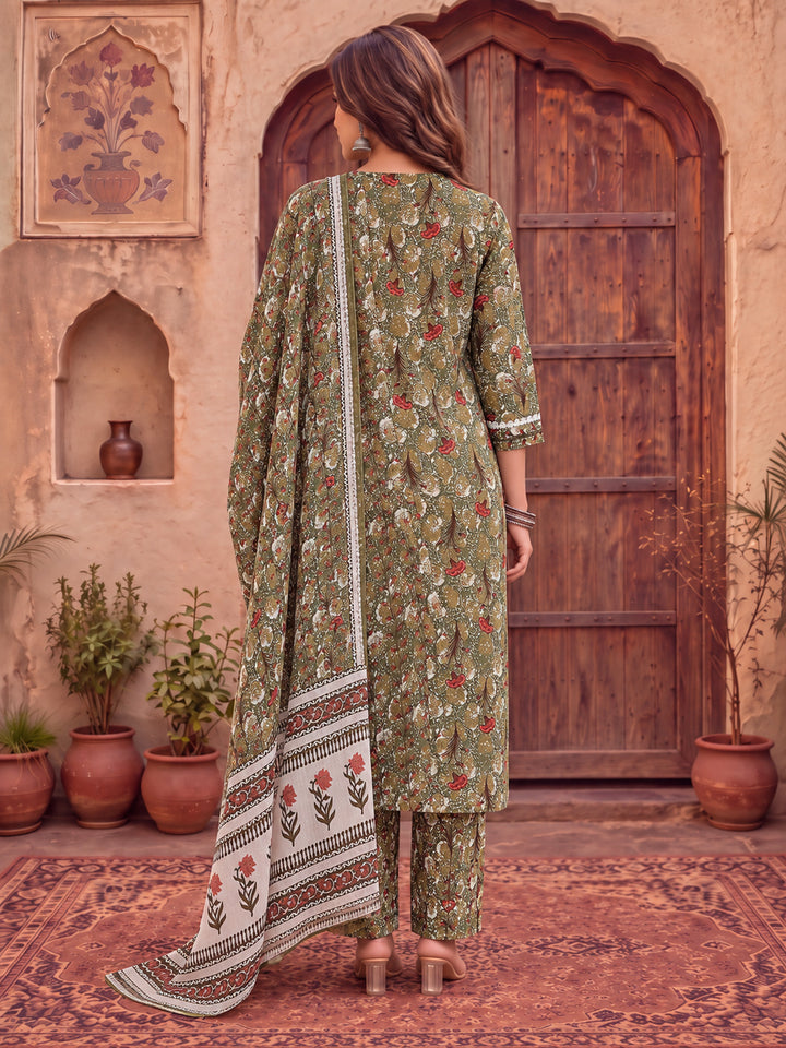 Green Cotton Lace Work On Yoke Straight Kurta Dupatta Pant Set