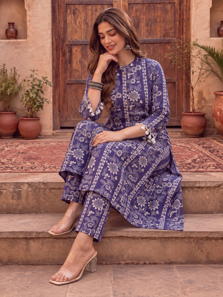 Blue Floral Print Straight Kurta Trouser Set