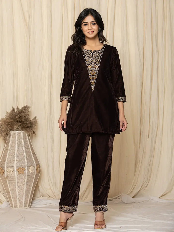 Coffee Brown Velvet Embroidered Co-Ord Set-Yufta Store-7158CRDBRS