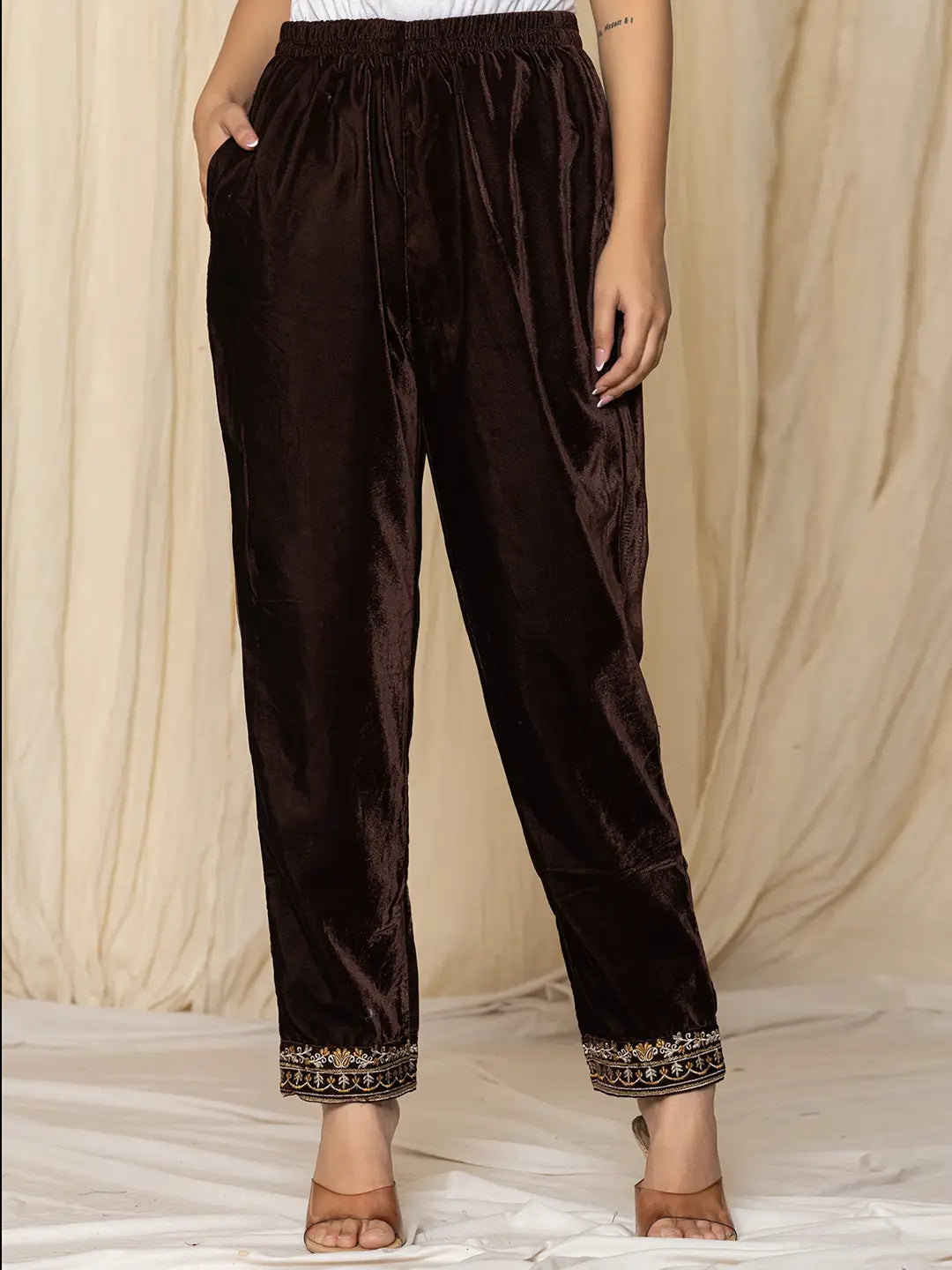 Coffee Brown Velvet Embroidered Co-Ord Set-Yufta Store-7158CRDBRS