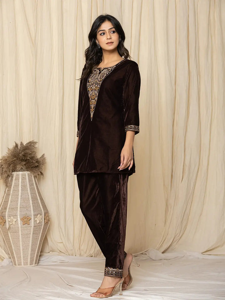 Coffee Brown Velvet Embroidered Co-Ord Set-Yufta Store-7158CRDBRS