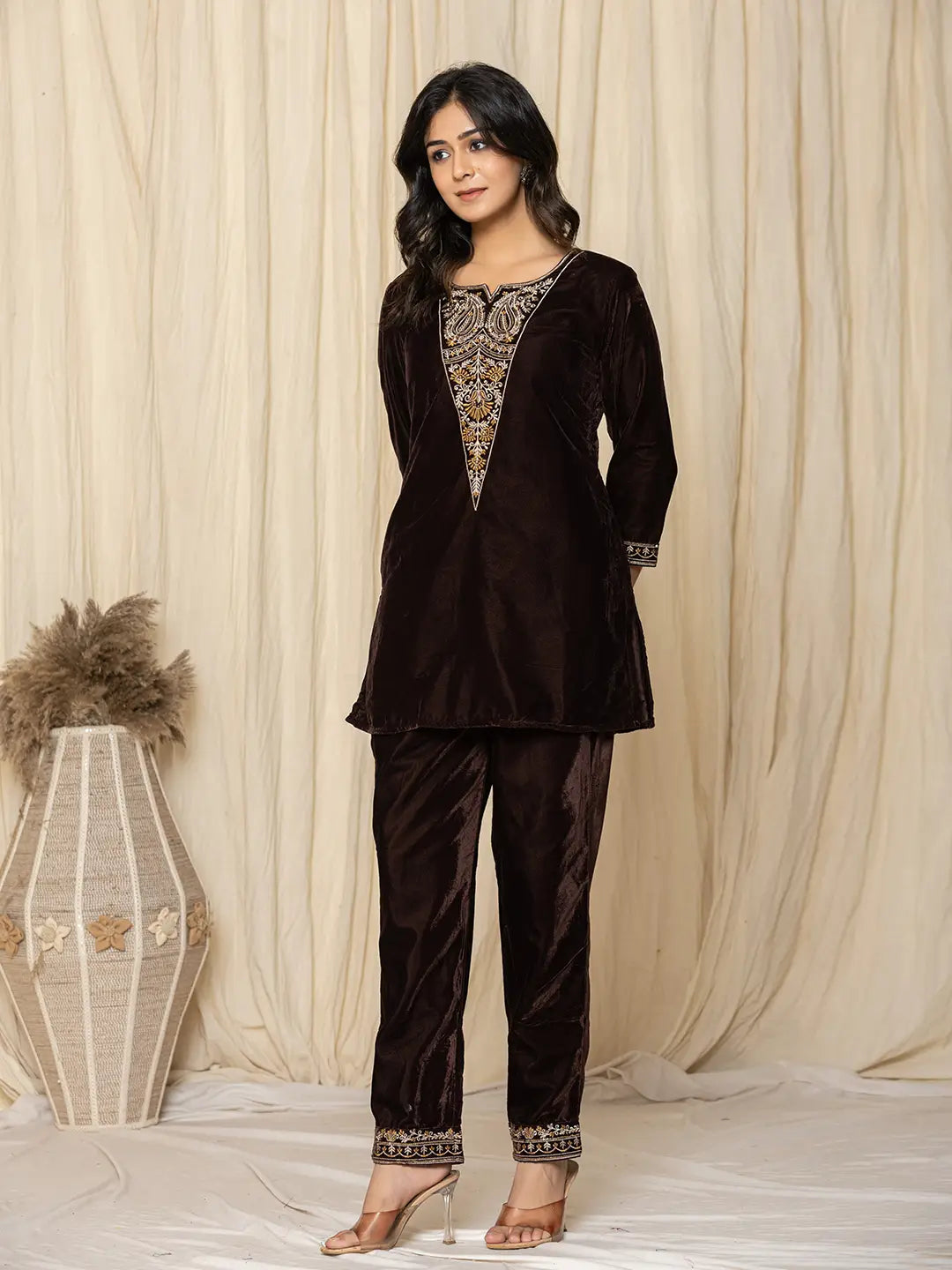 Coffee Brown Velvet Embroidered Co-Ord Set-Yufta Store-7158CRDBRS