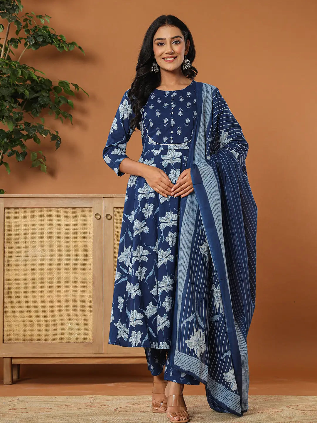 Cotton Blue Anarkali Dupatta Set-Yufta Store-7216SKDBLS