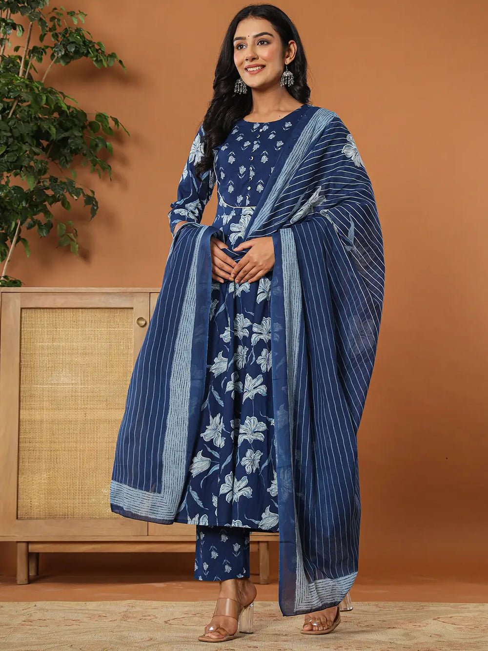 Cotton Blue Anarkali Dupatta Set-Yufta Store-7216SKDBLS