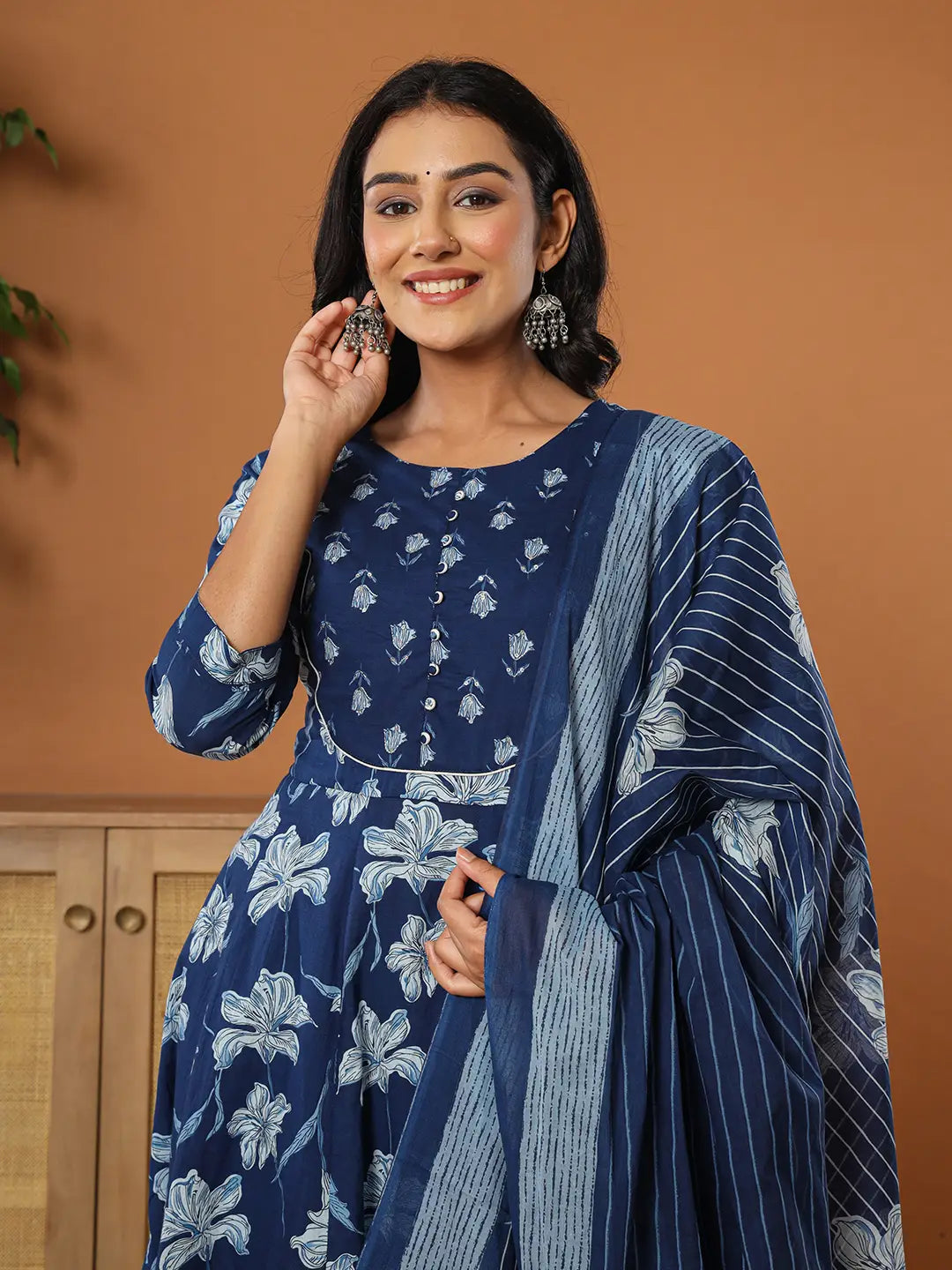 Cotton Blue Anarkali Dupatta Set-Yufta Store-7216SKDBLS