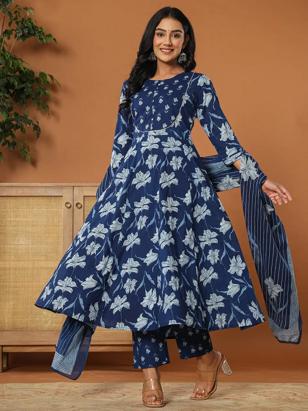 Cotton Blue Anarkali Dupatta Set-Yufta Store-7216SKDBLS