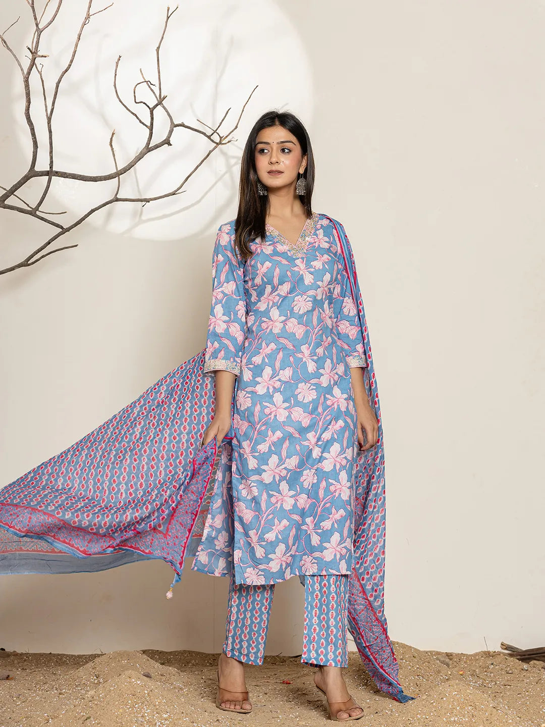 Cotton Blue Kurta Dupatta Pant Set-Yufta Store-6973SKDBLS