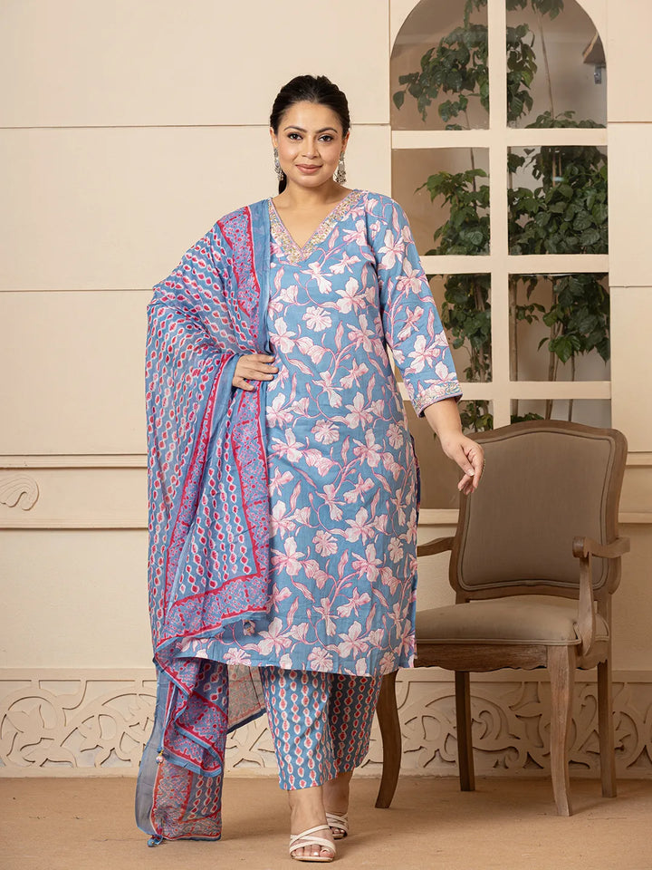 Cotton Blue Plus Size Kurta Dupatta Pant Set-Yufta Store-6973PSKDBL3XL