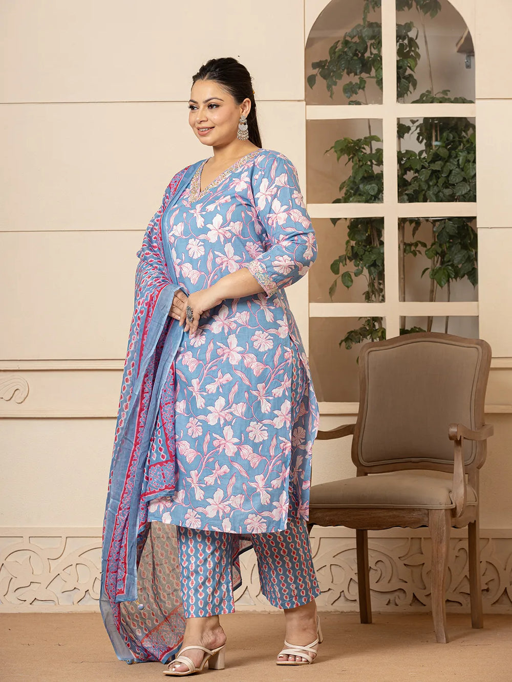 Cotton Blue Plus Size Kurta Dupatta Pant Set-Yufta Store-6973PSKDBL3XL