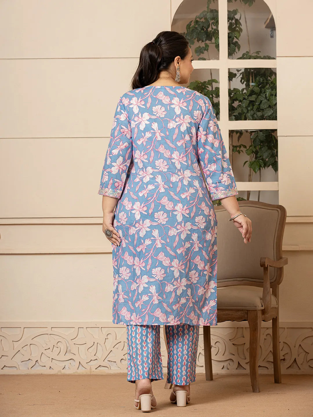 Cotton Blue Plus Size Kurta Dupatta Pant Set-Yufta Store-6973PSKDBL3XL