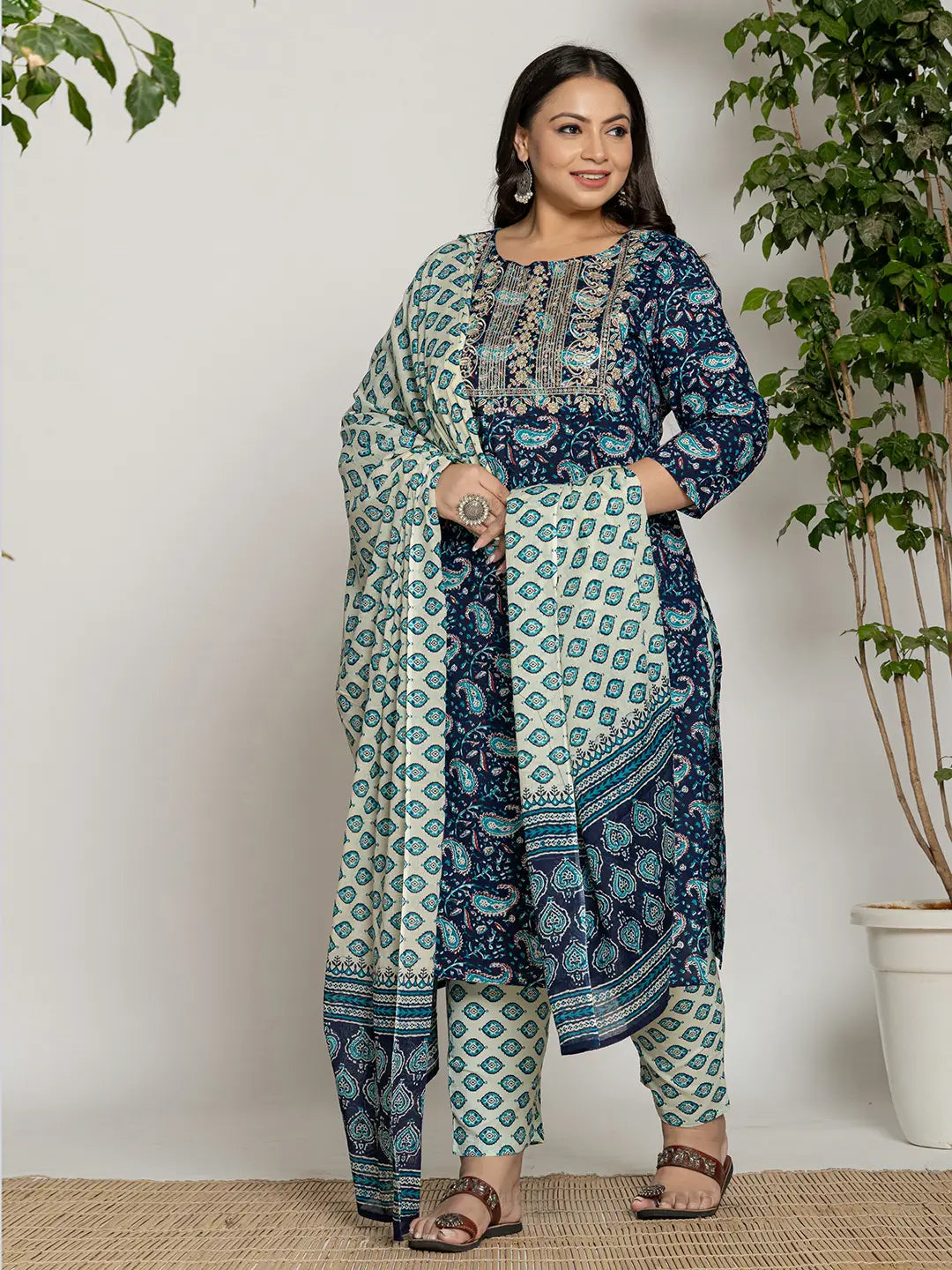 Cotton Blue Printed Plus Size Kurta Dupatta Set-Yufta Store-7142PSKDBL3XL