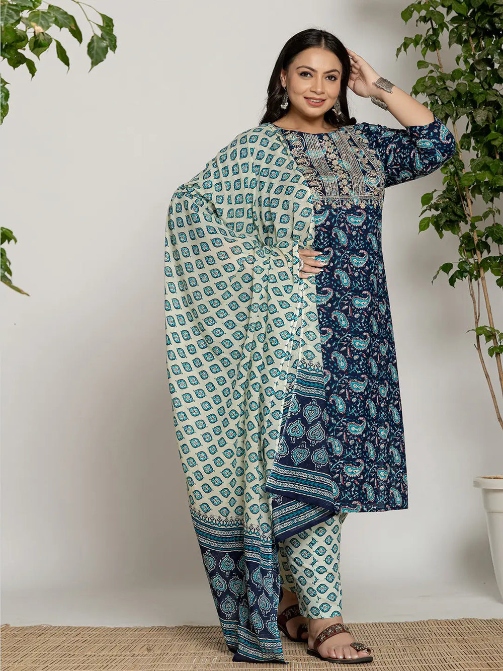 Cotton Blue Printed Plus Size Kurta Dupatta Set-Yufta Store-7142PSKDBL3XL