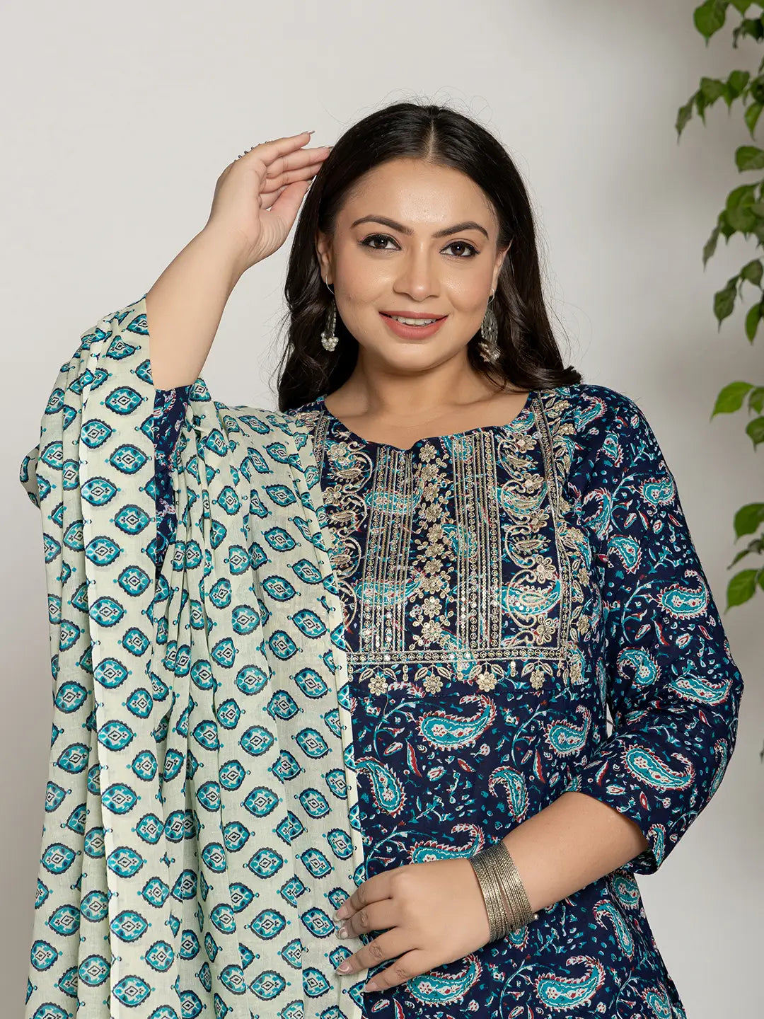 Cotton Blue Printed Plus Size Kurta Dupatta Set-Yufta Store-7142PSKDBL3XL