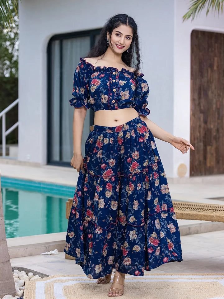 Cotton Blue Skirt Co-Ord Set-Yufta Store-6913CRDBLS