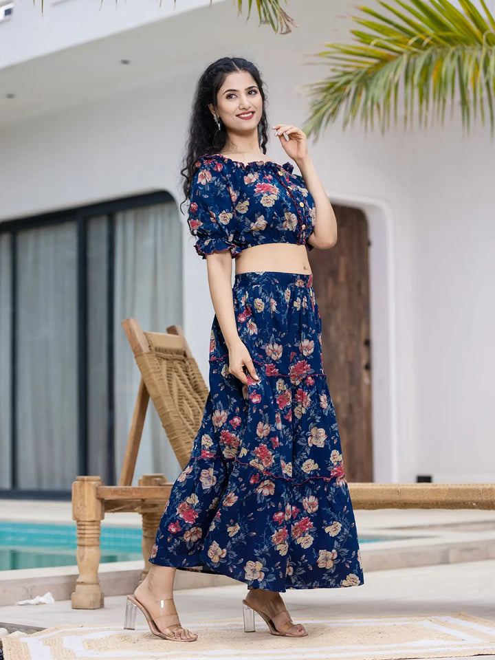 Cotton Blue Skirt Co-Ord Set-Yufta Store-6913CRDBLS