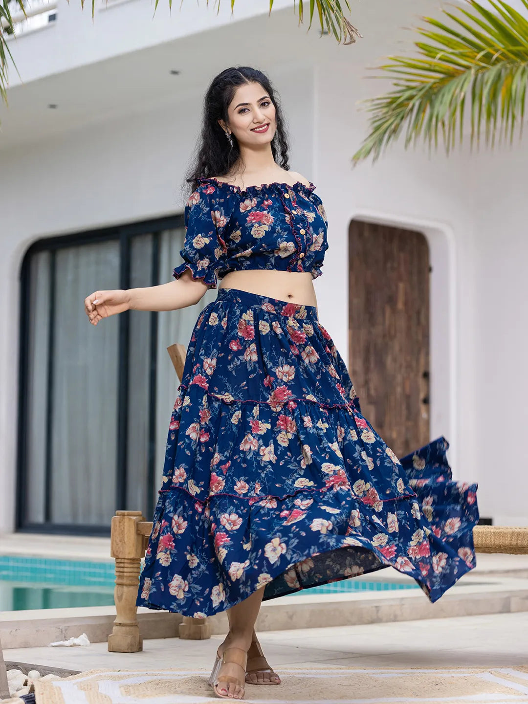 Cotton Blue Skirt Co-Ord Set-Yufta Store-6913CRDBLS