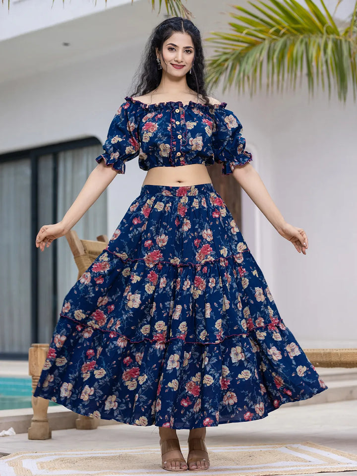 Cotton Blue Skirt Co-Ord Set-Yufta Store-6913CRDBLS