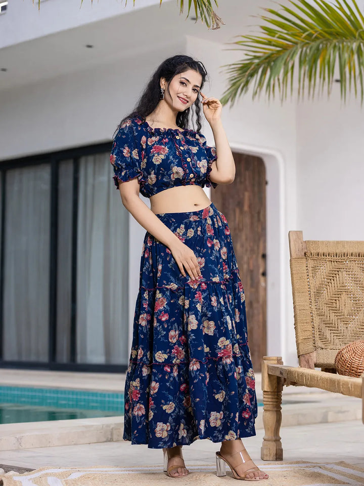 Cotton Blue Skirt Co-Ord Set-Yufta Store-6913CRDBLS