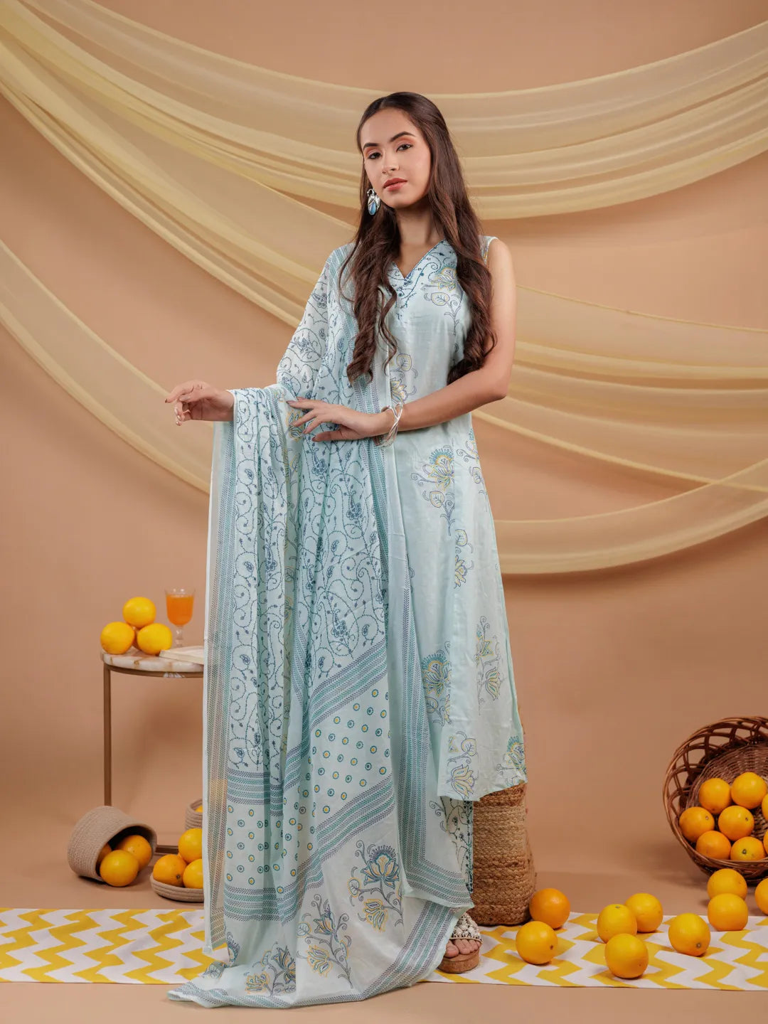 Cotton Blue Sleeveless Kurta Dupatta Set-Yufta Store-7043SKDBLS