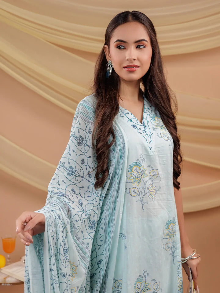 Cotton Blue Sleeveless Kurta Dupatta Set-Yufta Store-7043SKDBLS