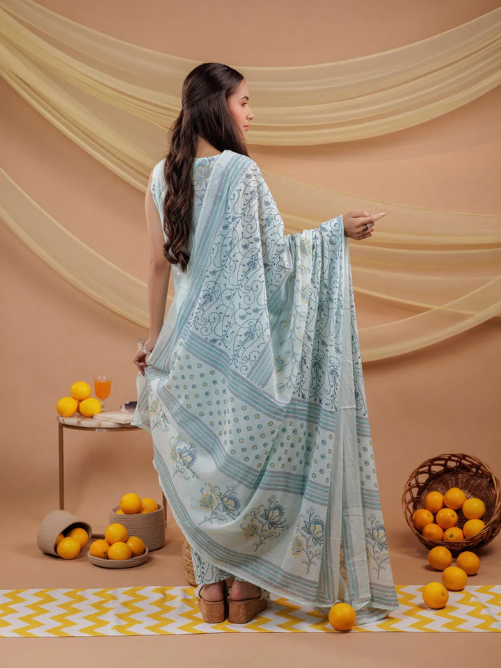 Cotton Blue Sleeveless Kurta Dupatta Set-Yufta Store-7043SKDBLS