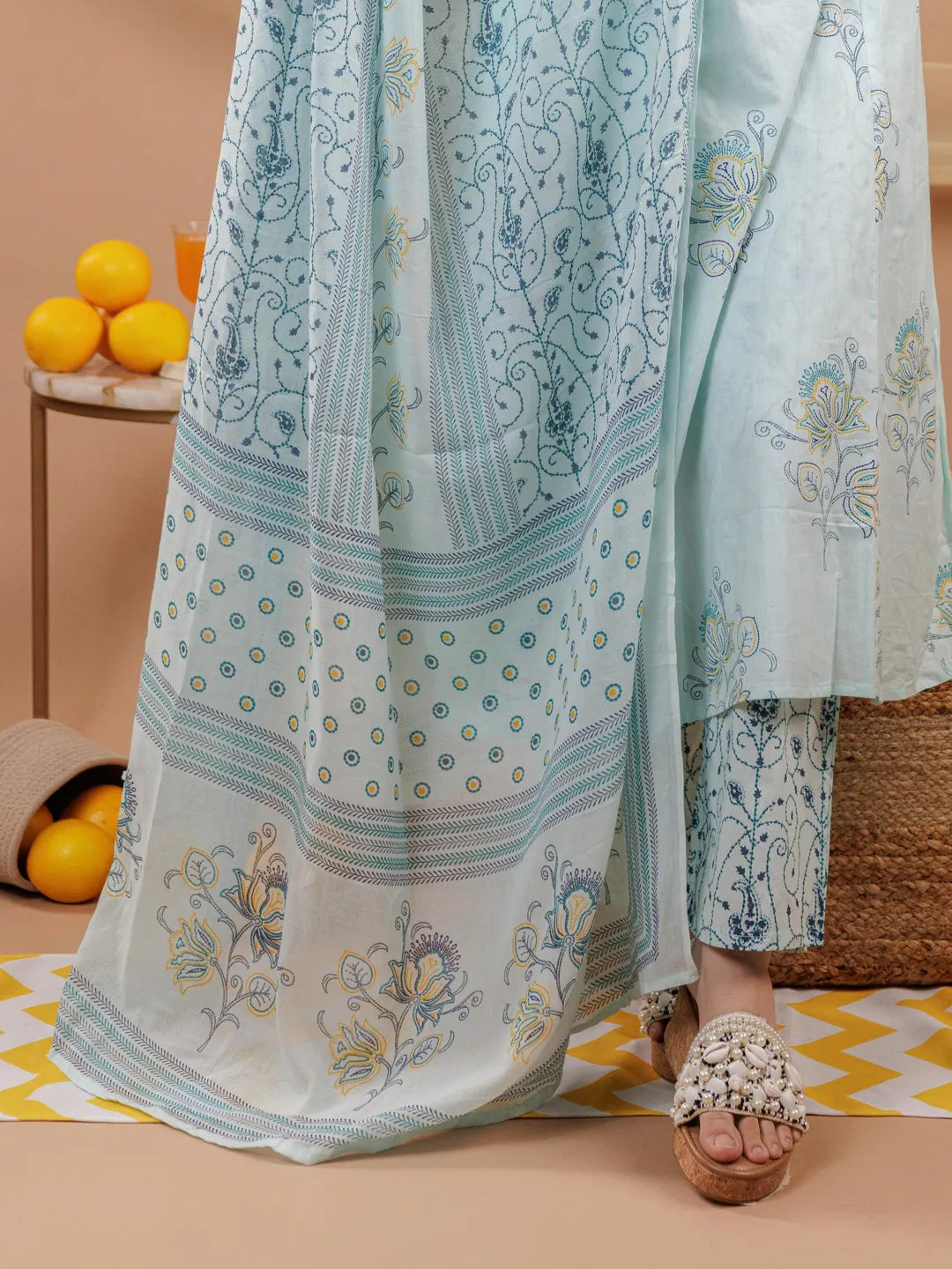 Cotton Blue Sleeveless Kurta Dupatta Set-Yufta Store-7043SKDBLS