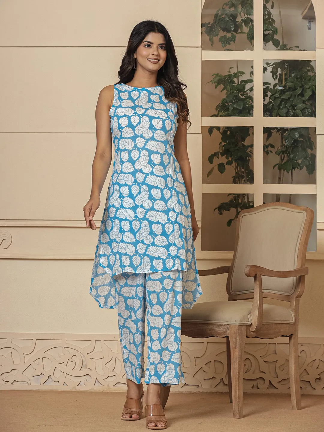 Cotton Blue Summer Leaf Print Co-Ord Set-Yufta Store-7166CRDBLS