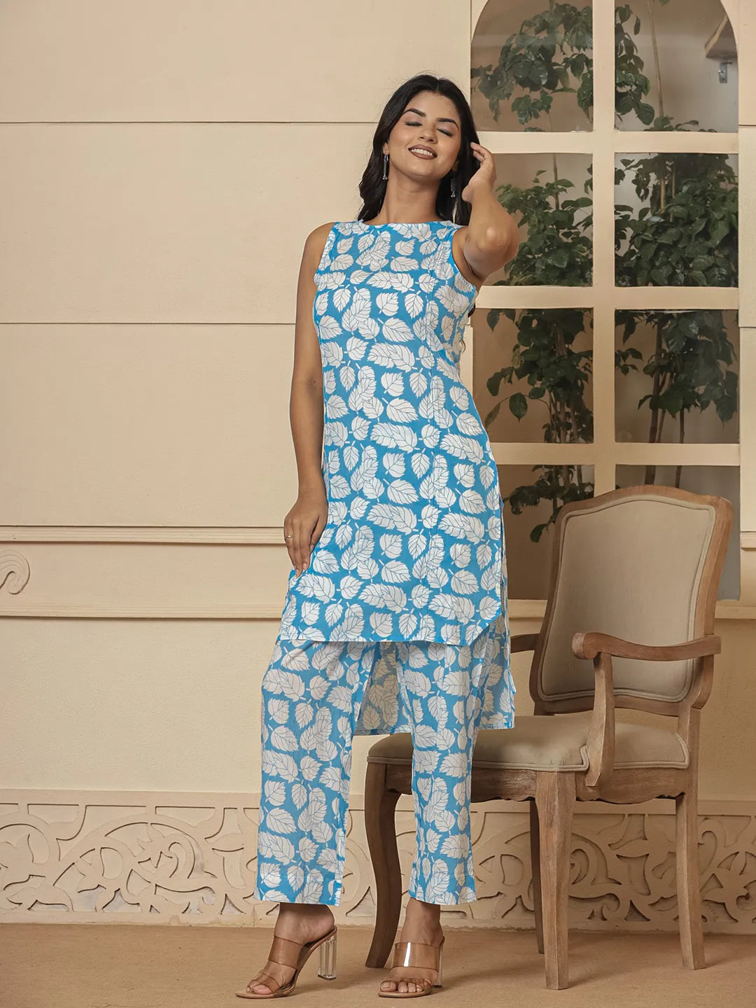 Cotton Blue Summer Leaf Print Co-Ord Set-Yufta Store-7166CRDBLS