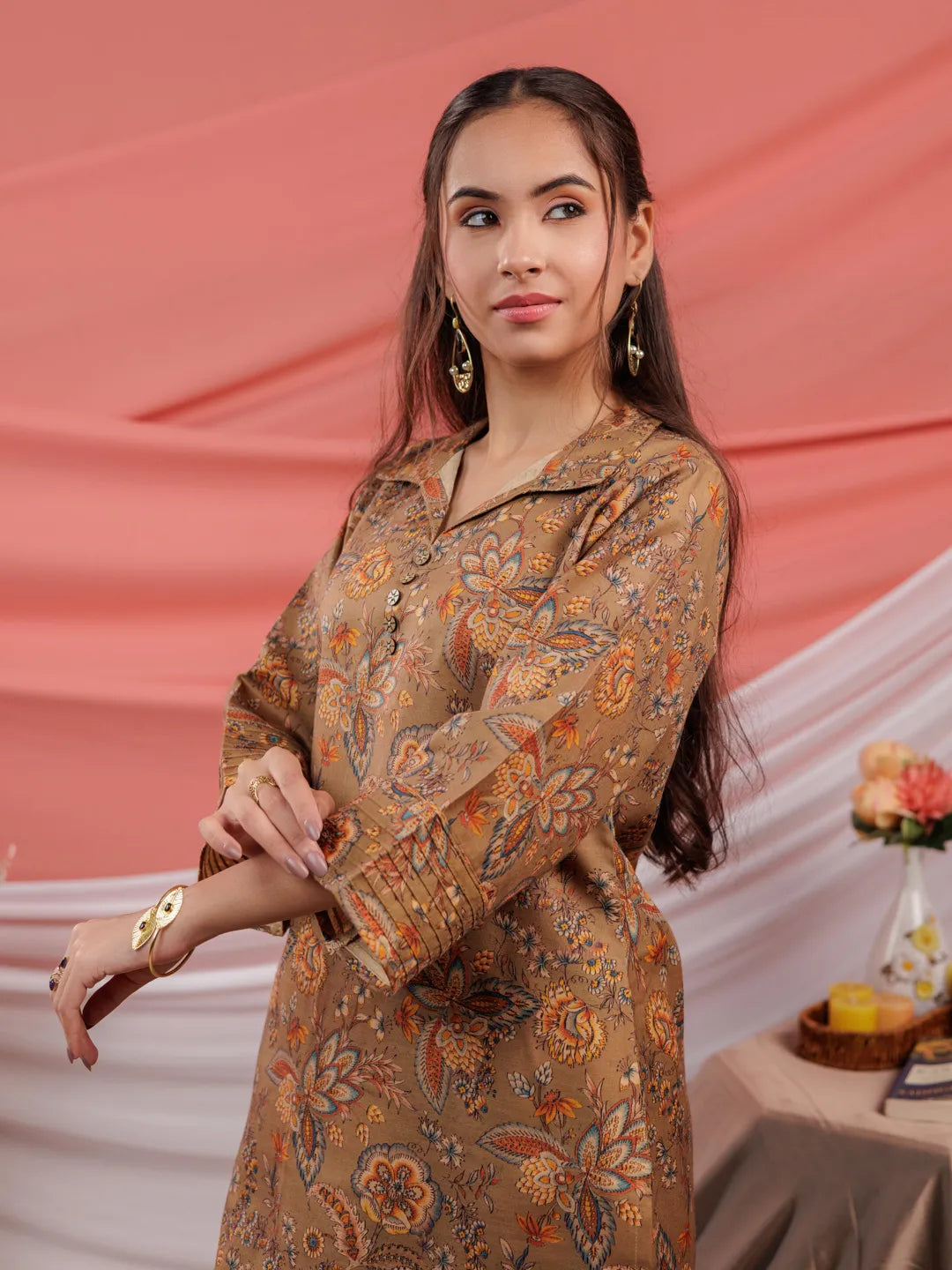 Cotton Brown Digital Printed Work Wear Co-Ord Set With Pintuck Detailing On Sleeves-Yufta Store-6915SETBRS