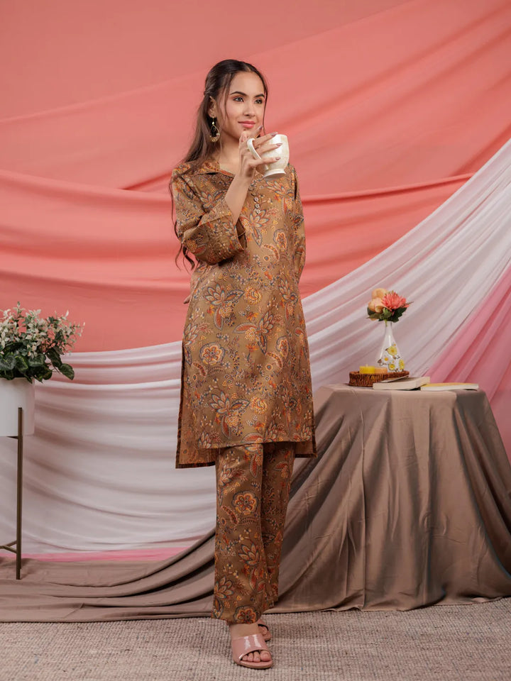 Cotton Brown Digital Printed Work Wear Co-Ord Set With Pintuck Detailing On Sleeves-Yufta Store-6915SETBRS